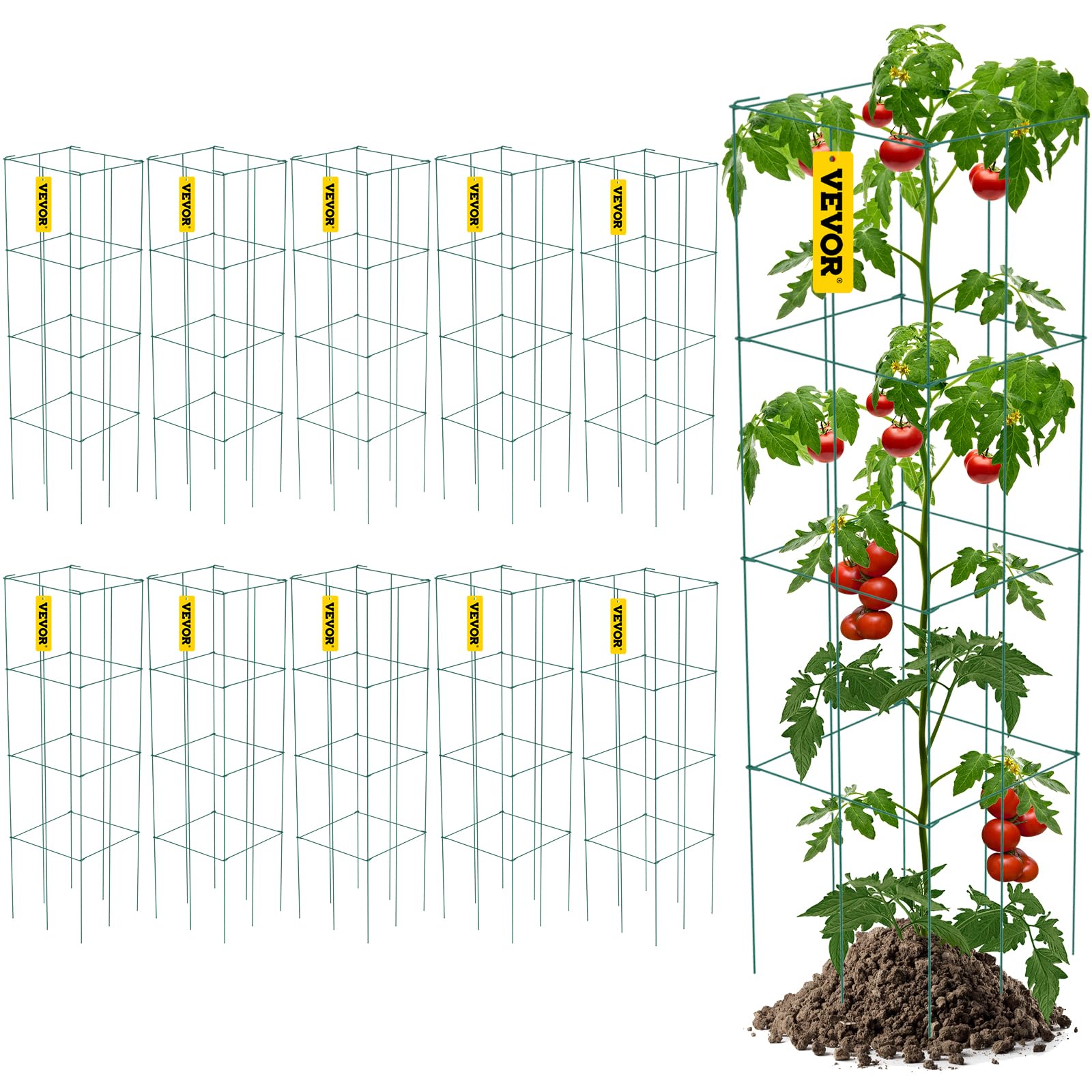 Vevor Tomato Cages, 11.8' X 11.8' X 46.1', 10 Packs Square Plant Support Cages, Green Pvc-Coated Steel Tomato Towers For Clim